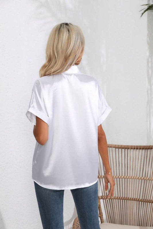 CWTBLS0406_Button Down Silky Satin Short Sleeve Top