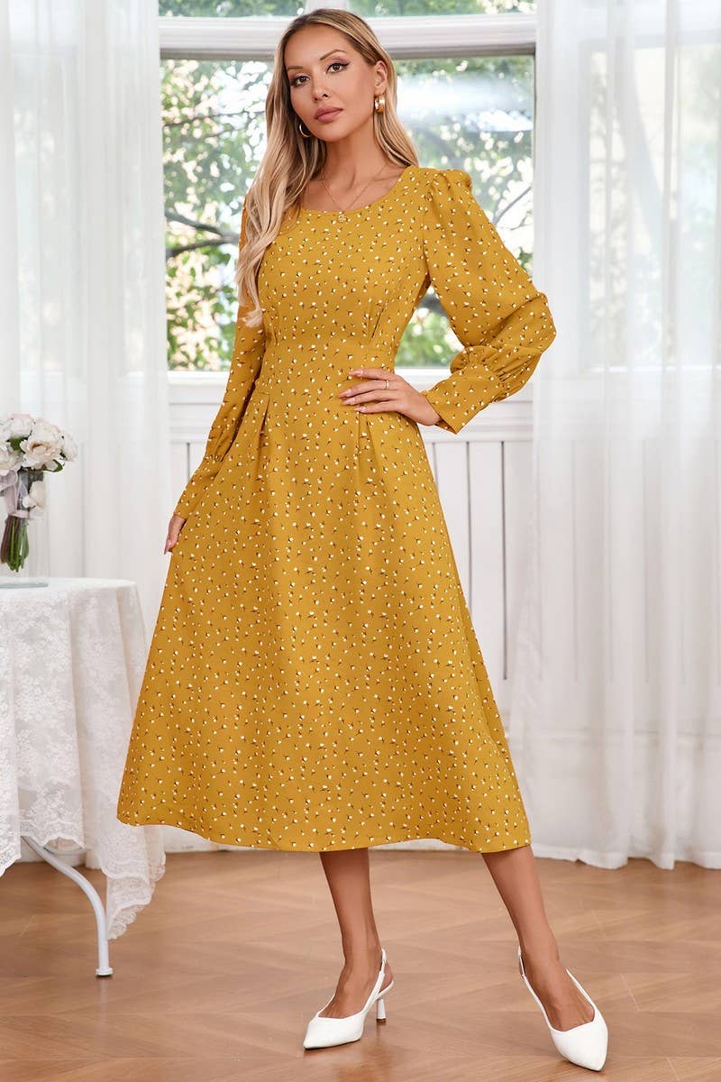 CWDMD3989_SMALL FLORAL ROUND NECK TIE LONG SLEEVE DRESS