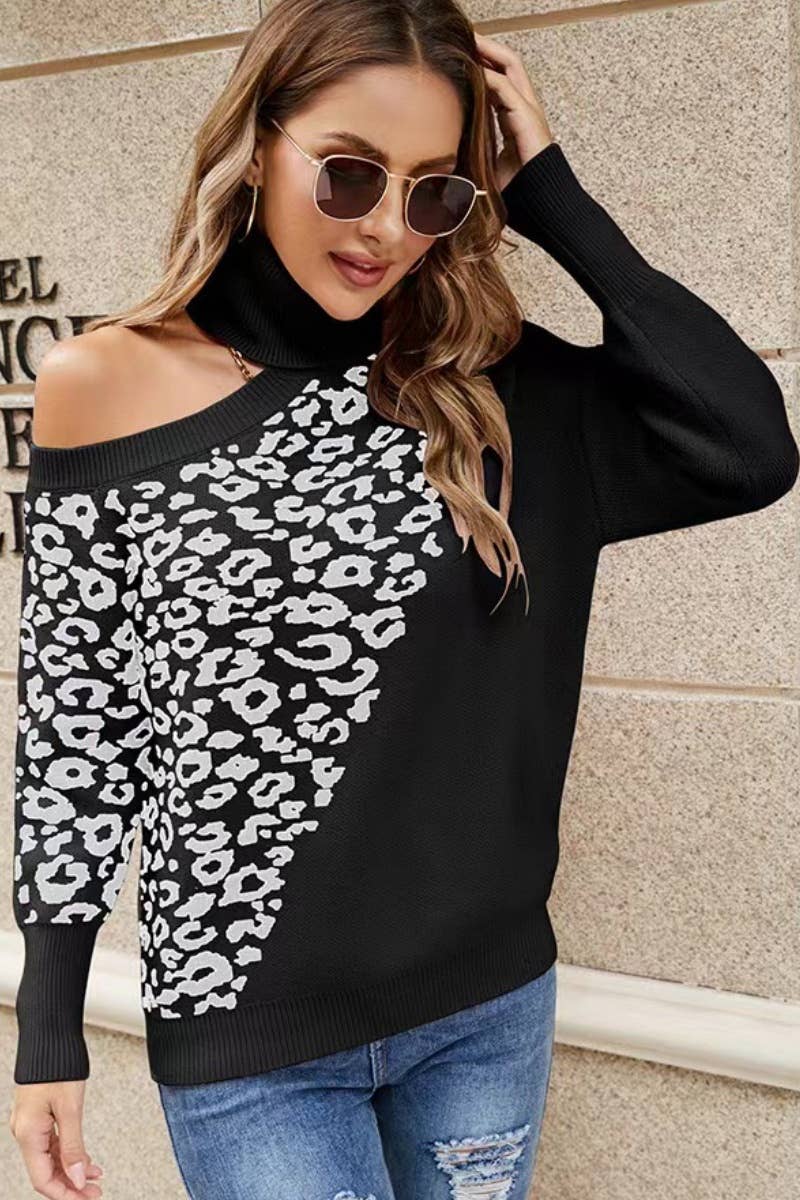 CWOSWL6321_LEOPARD TURTLENECK OFF-THE-SHOULDER SWEATER