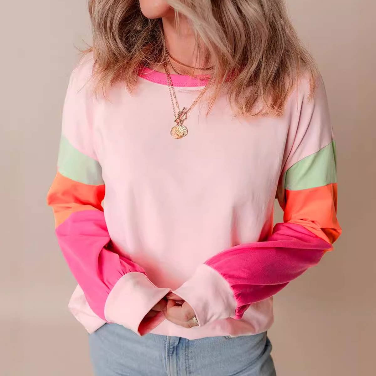 CASUAL MULTI-COLOR PATCHWORK LOOSE PULLOVER SHIRT