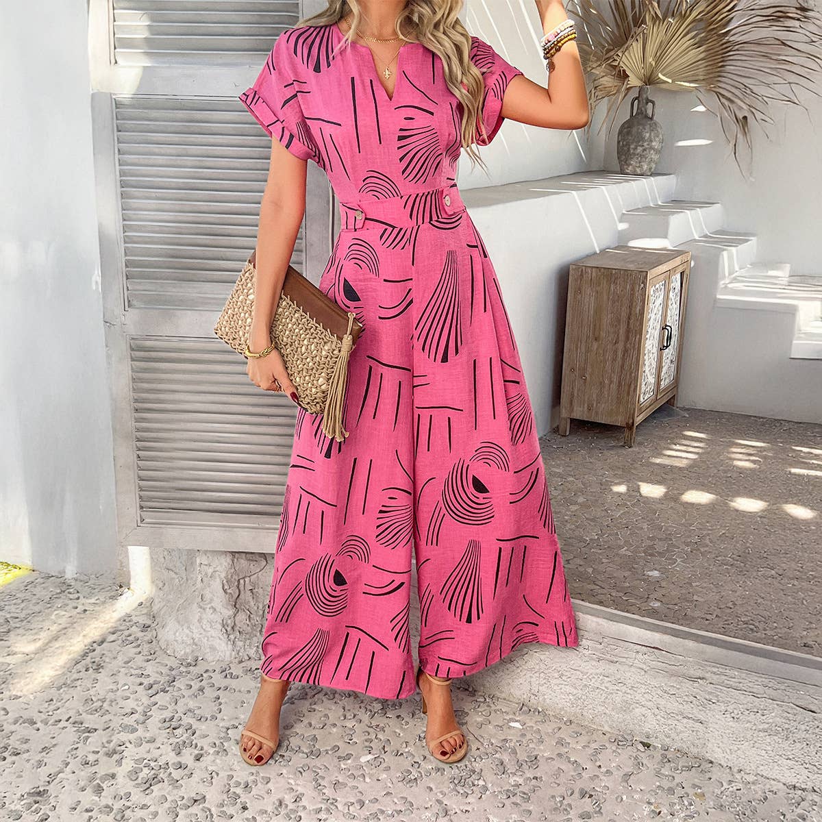 Casual holiday style wide leg one-piece trousers