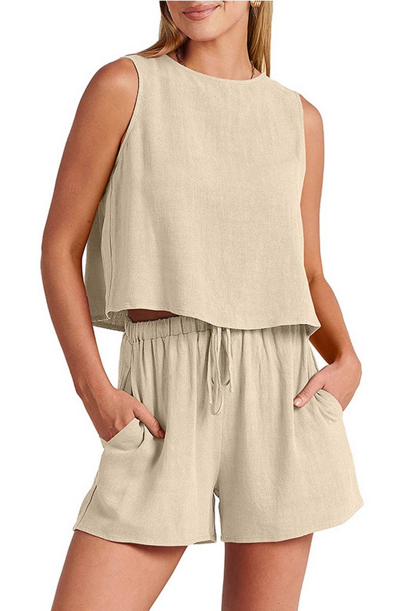 CWSTB1594_SOLID COLOR SLEEVELESS TOP SHORTS TWO PIECE SET
