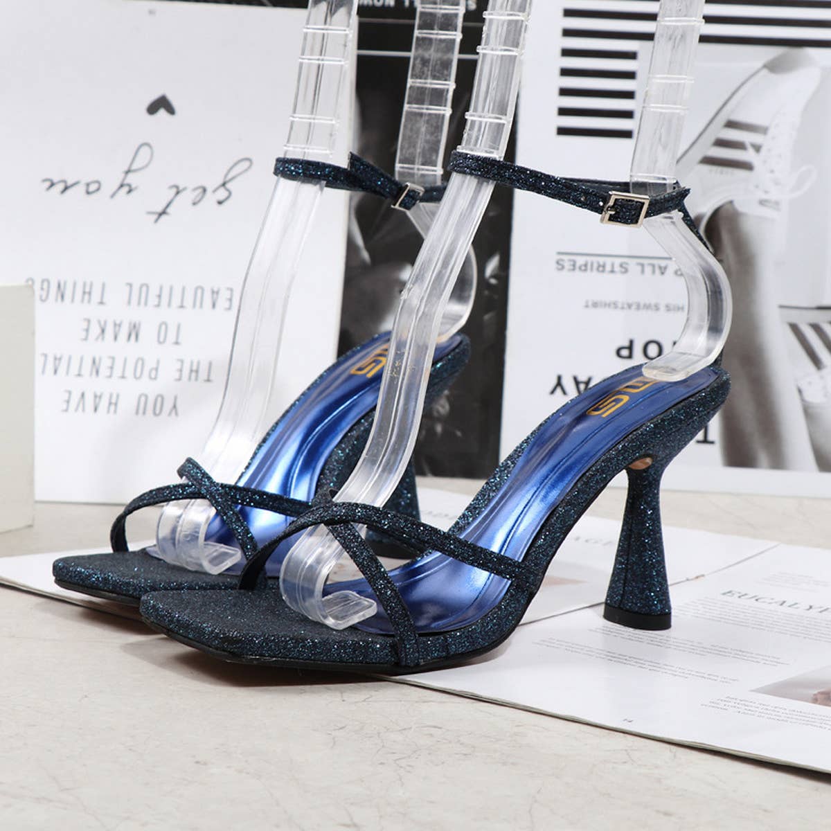 CROSS STRAP SEQUIN STILETTO SANDALS
