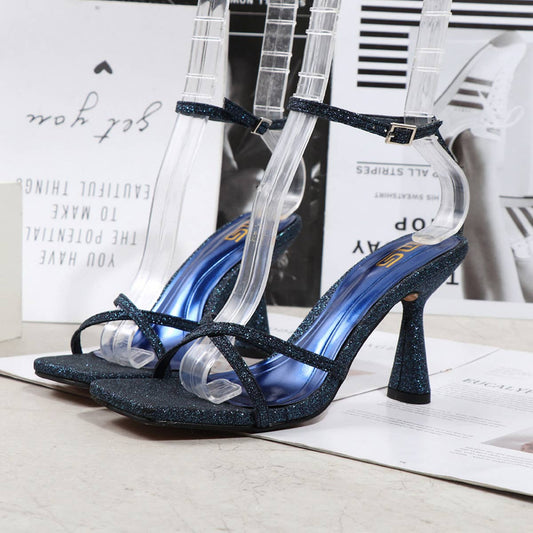 CROSS STRAP SEQUIN STILETTO SANDALS