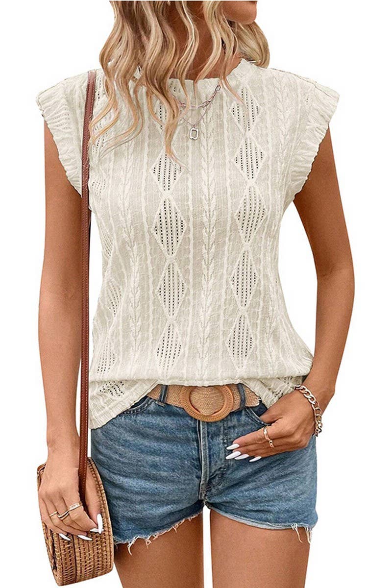 CWTBLS1615_ROUND NECK JACQUARD LOOSE T-SHIRT VEST