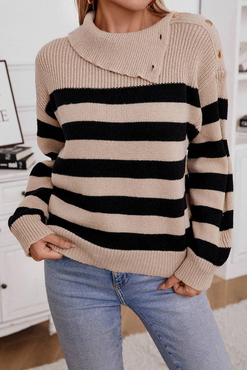 CWOSWL6940_LAPEL BUTTON-DOWN STRIPED KNITTED SWEATER