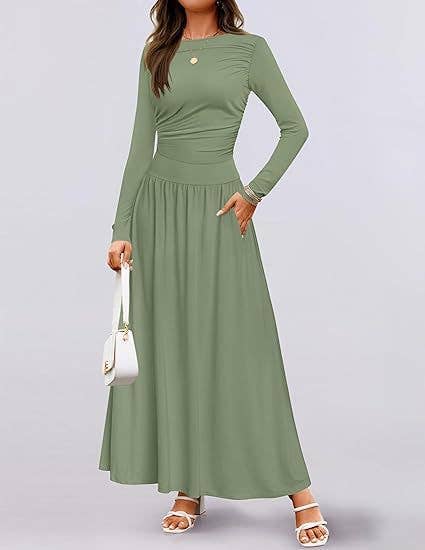 CREW NECK PLEATED POCKET SLIM LONG-SLEEVE DRESS