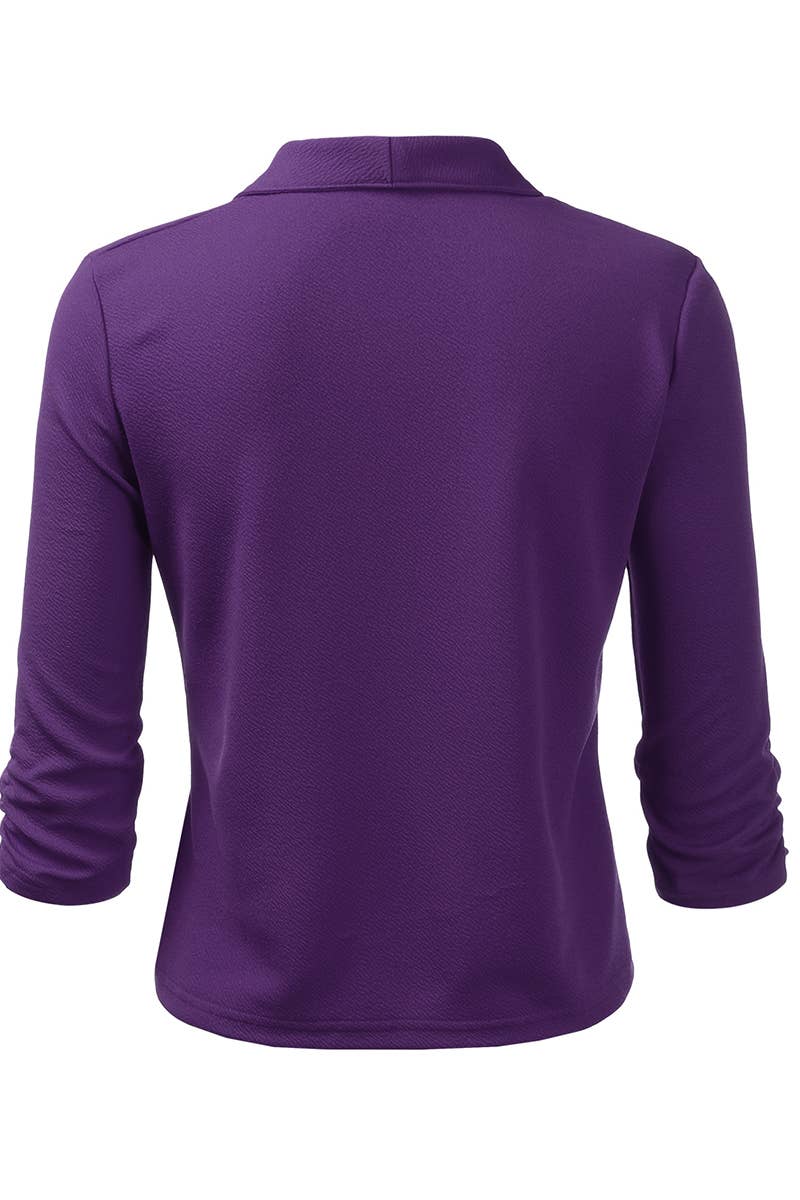 CWOBL091_Casual Work Ruched 3/4 Slv Open Front Blazer Jacket