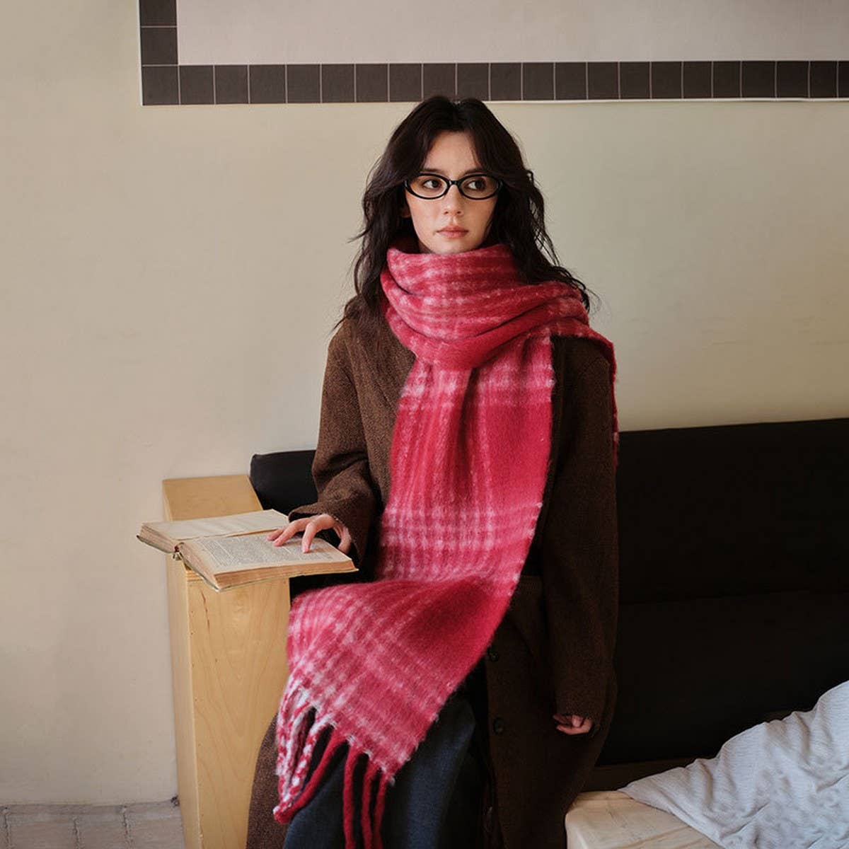 Red Plaid Scarf ??Soft Faux Cashmere Winter Wrap_CWASC2343