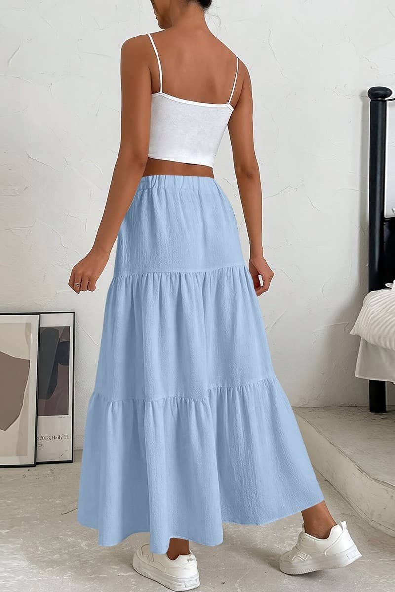 CWBLS0559_BOW WAIST TIERED SOLID MIDI SKIRT