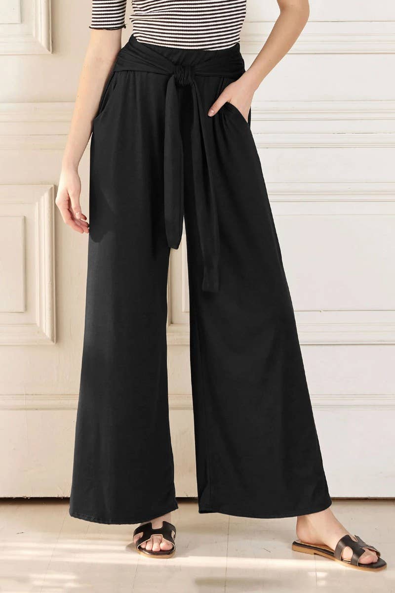 CWBLP1861_SOLID COLOR DRAPE LACE-UP WIDE-LEG PANTS