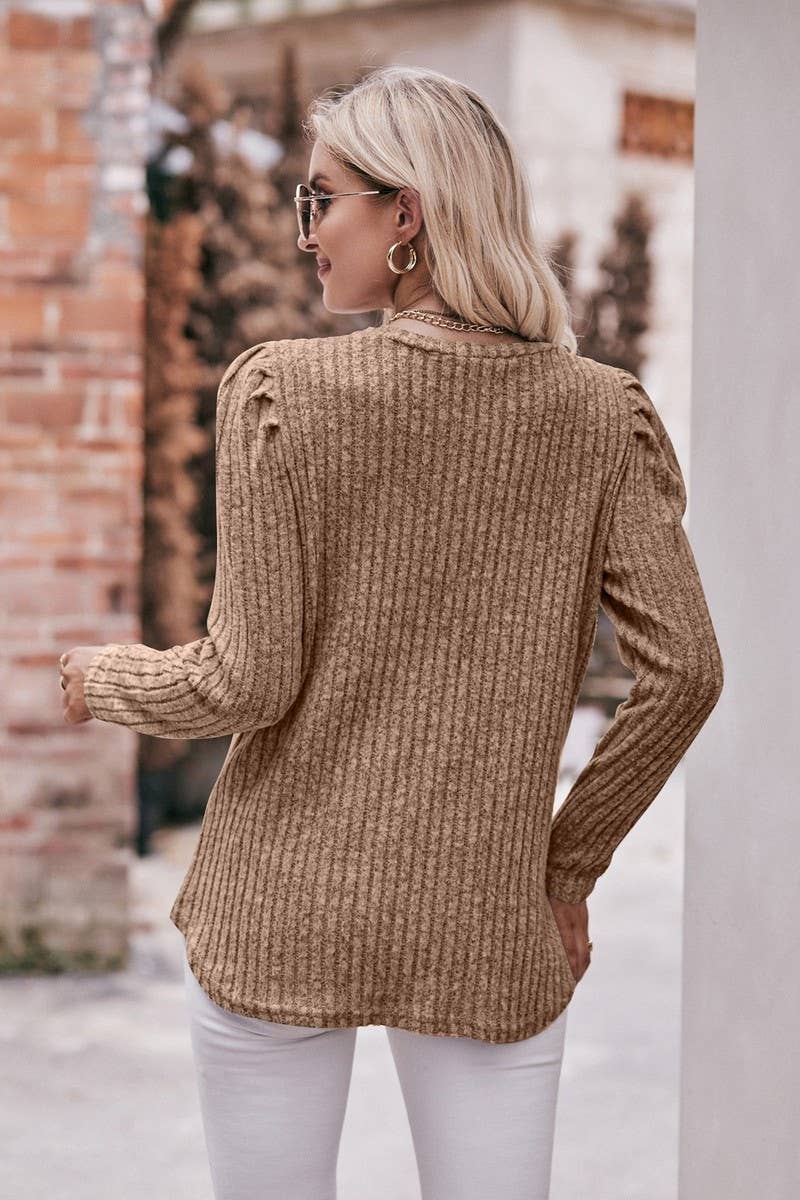 CWTBLL1832_ROUND NECK PUFF SLEEVE RIBBED SOLID COLOR TOP