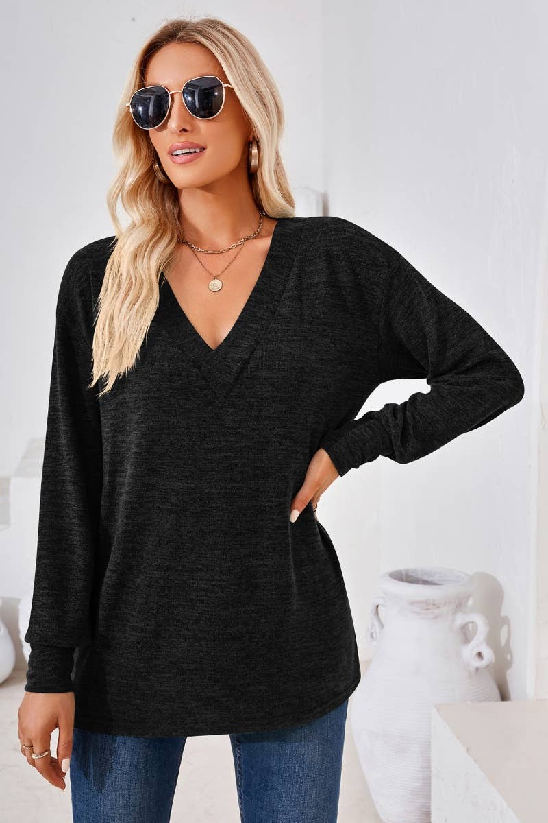 CWTBLL2685_AUTUMN V-NECK LONG SLEEVE SOLID COLOR TOP