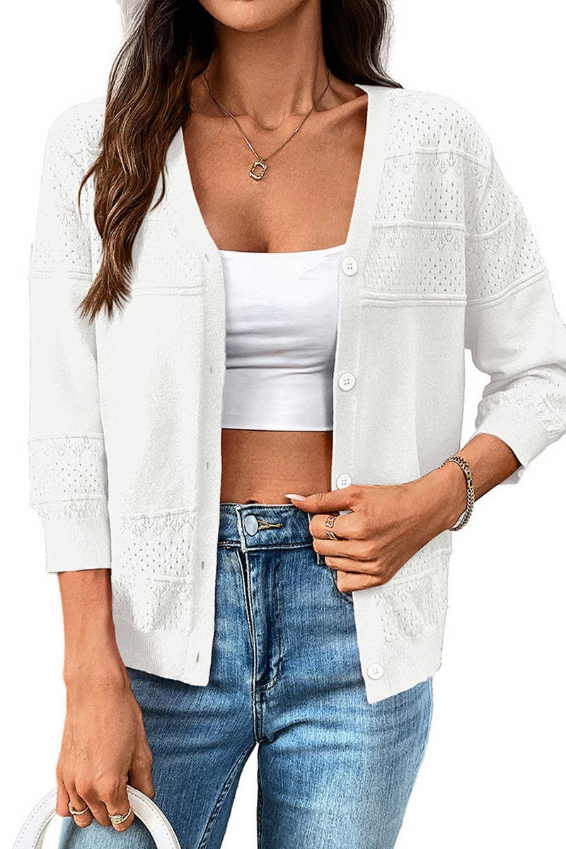 CWOCAL00611_LIGHTWEIGHT CROCHET KNIT V NECK CARDIGAN