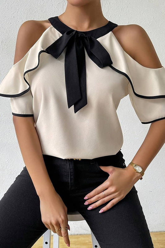 CWTBLS2010_DOUBLE SLEEVE BOW TIE NECK PULLOVER BLOUSE