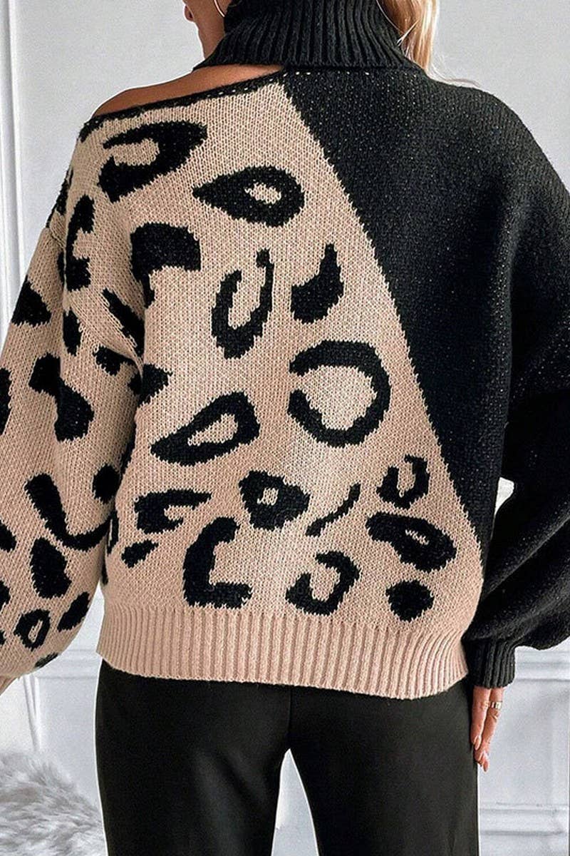 CWOSWL5803_OFF-THE-SHOULDER LEOPARD PRINT TURTLENECK SWEATER