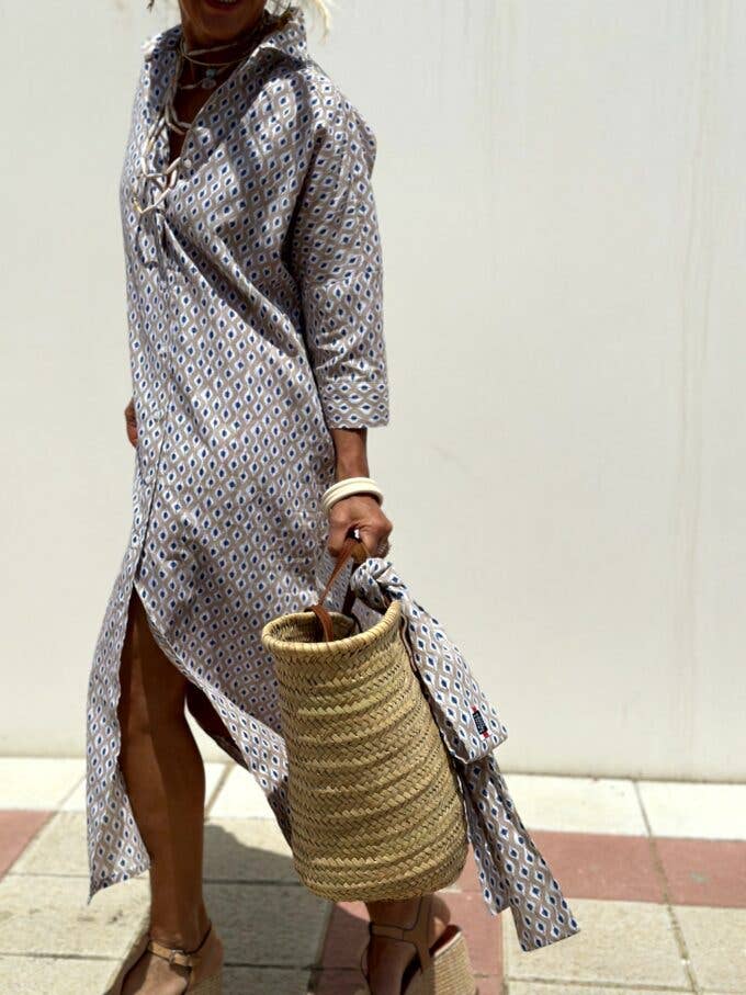 FIVE-QUARTER SLEEVE STRIPED SHIRT DRESS