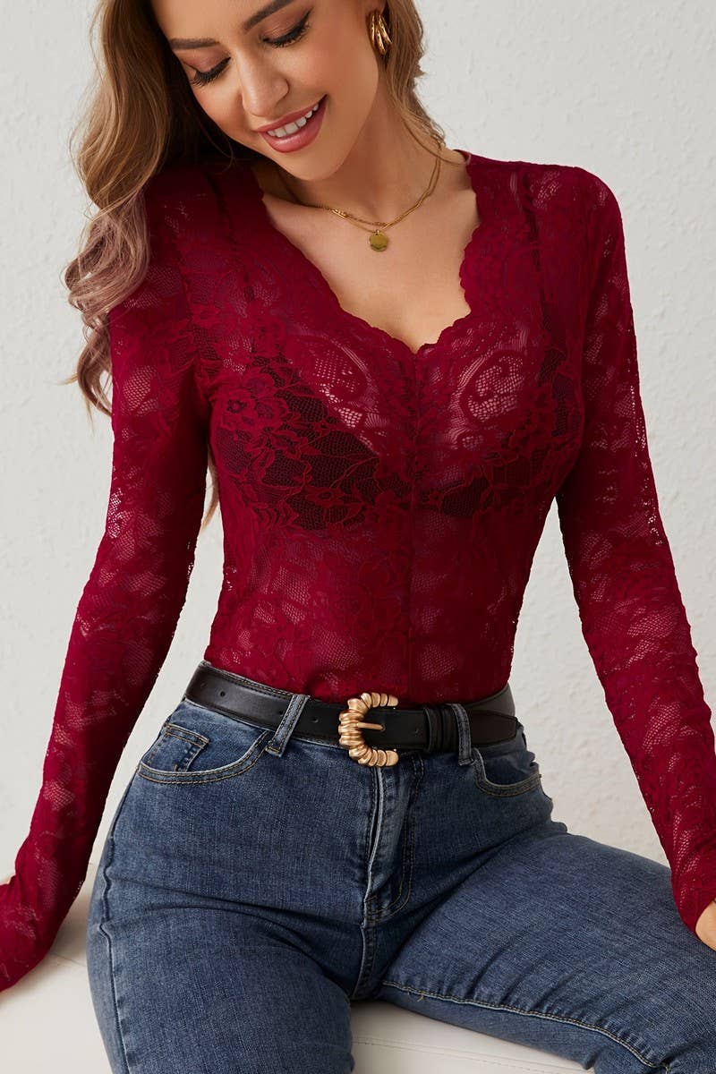CWTBLL3461_V-NECK SINGLE LAYER FLORAL LACE BOTTOMING TOP