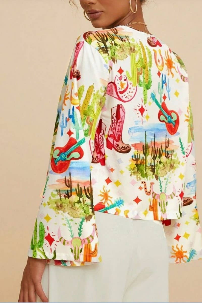 CWTBLL00632_V-NECK PRINTED TRUMPET SLEEVES HOLIDAY STYLE TOP