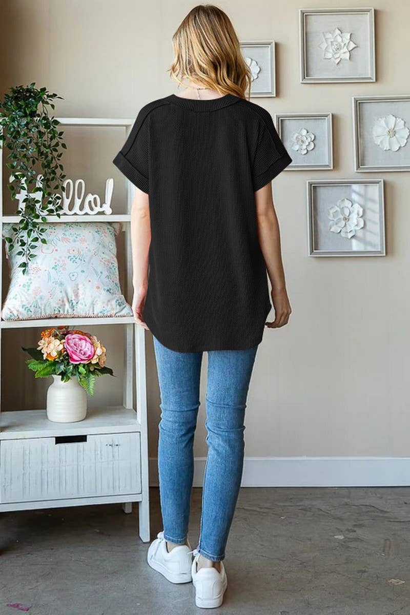 CWTBLS1500_V-NECK RIBBED JACQUARD KNIT SHORT-SLEEVED T-SHIRT