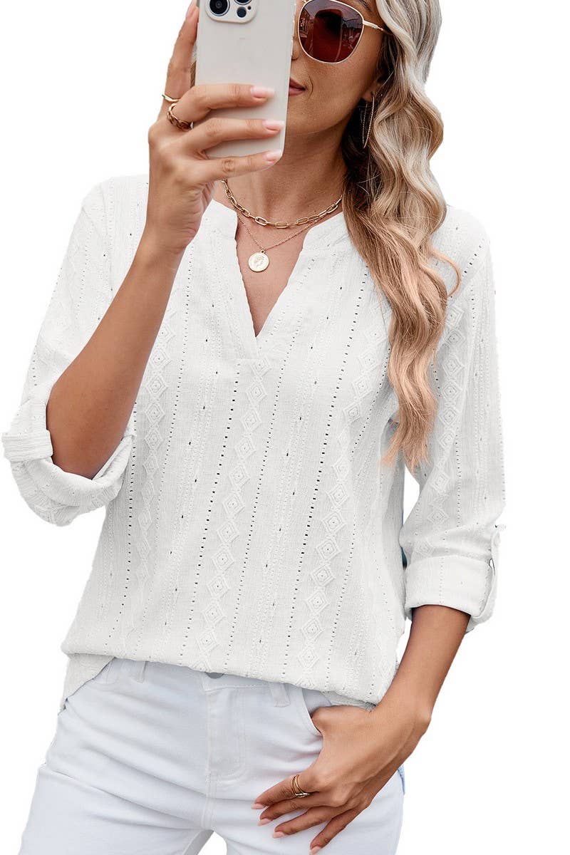 CWTTS1337_SUMMER V-NECK THREE-QUARTER SLEEVE BUTTON T-SHIRT