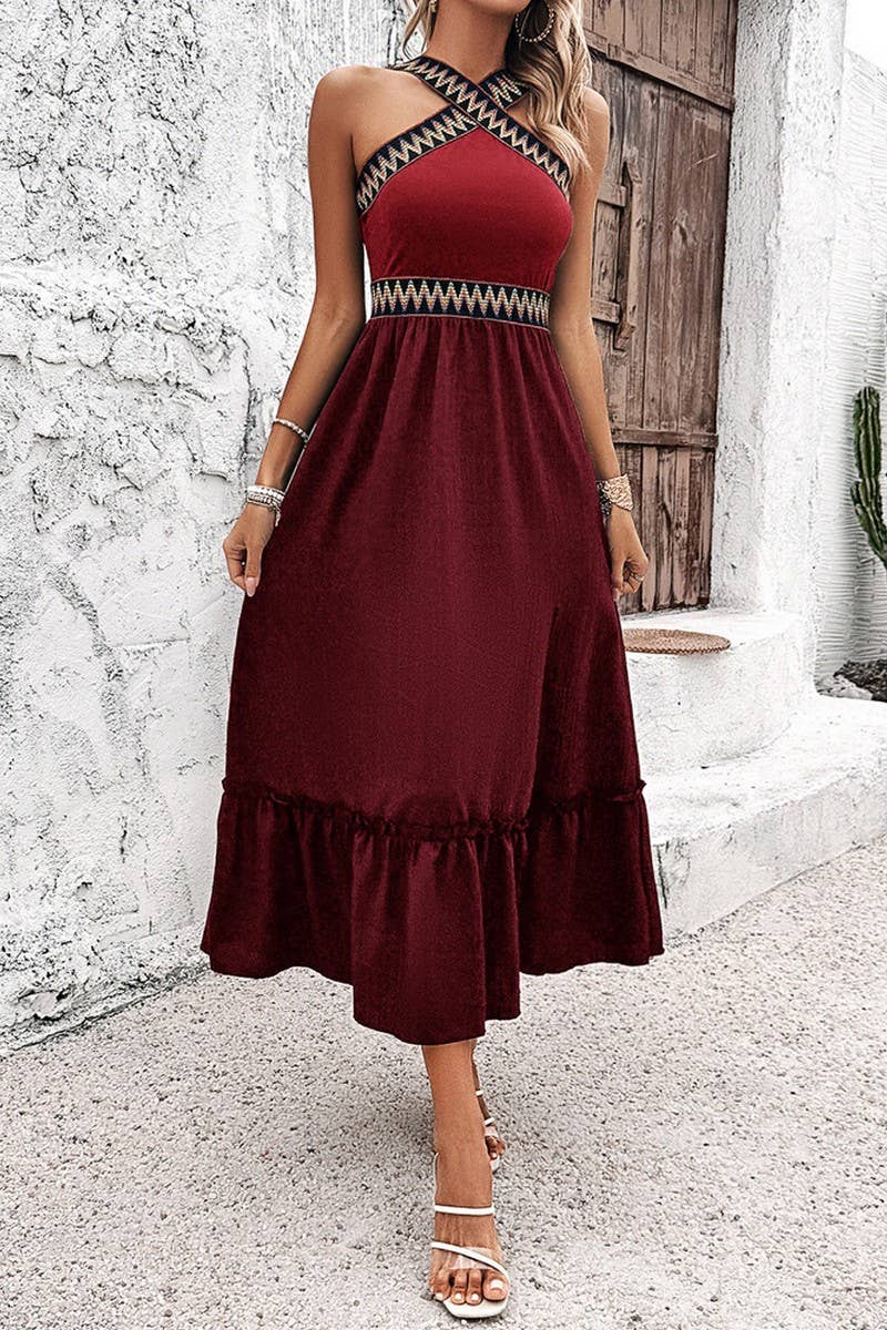 CWDTD0413_HIGH WAIST HALTER NECK CONTRAST COLOR SLIT DRESS