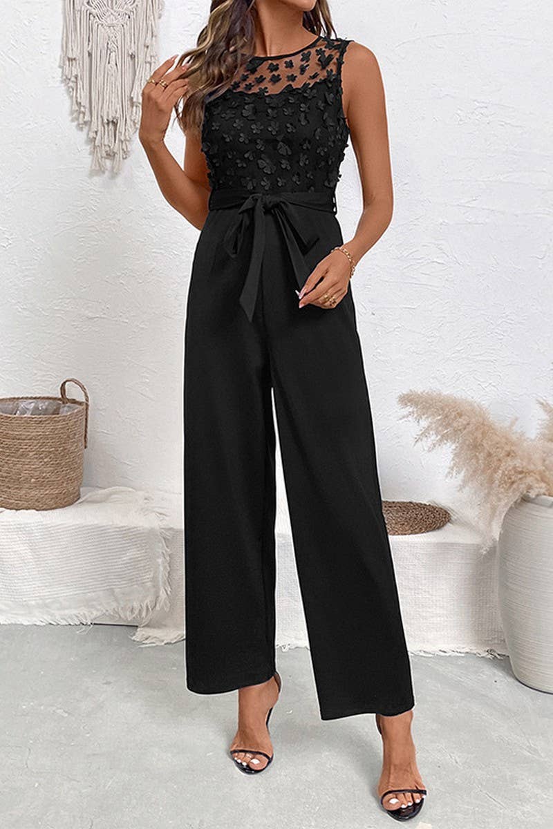 CWSJS1764_LACE PATCHWORK SLEEVELESS TIE WAIST JUMPSUIT
