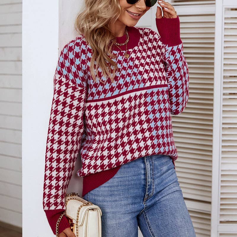 CONTRASTING COLOR PLAID FASHION PULLOVER SWEATER