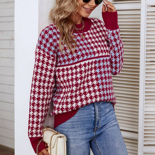 CONTRASTING COLOR PLAID FASHION PULLOVER SWEATER
