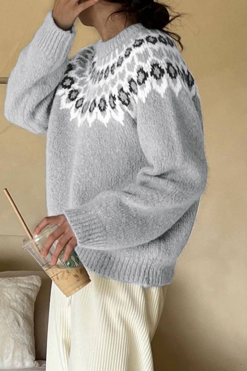 CWOSWL07113_ETHNIC LONG SLEEVE FAIR ISLE CREWNECK SWEATER