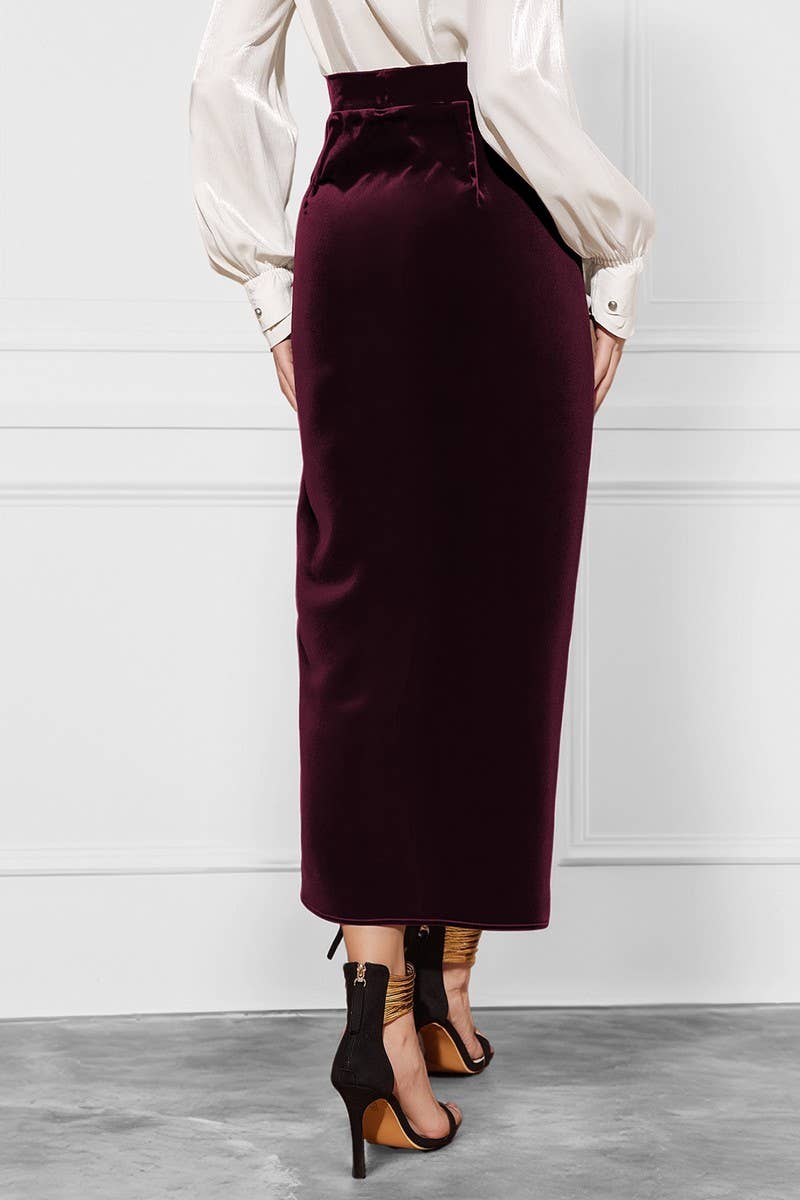 CWBMS00476_SOLID COLOR TWIST SLIT VELVET MIDI SKIRT