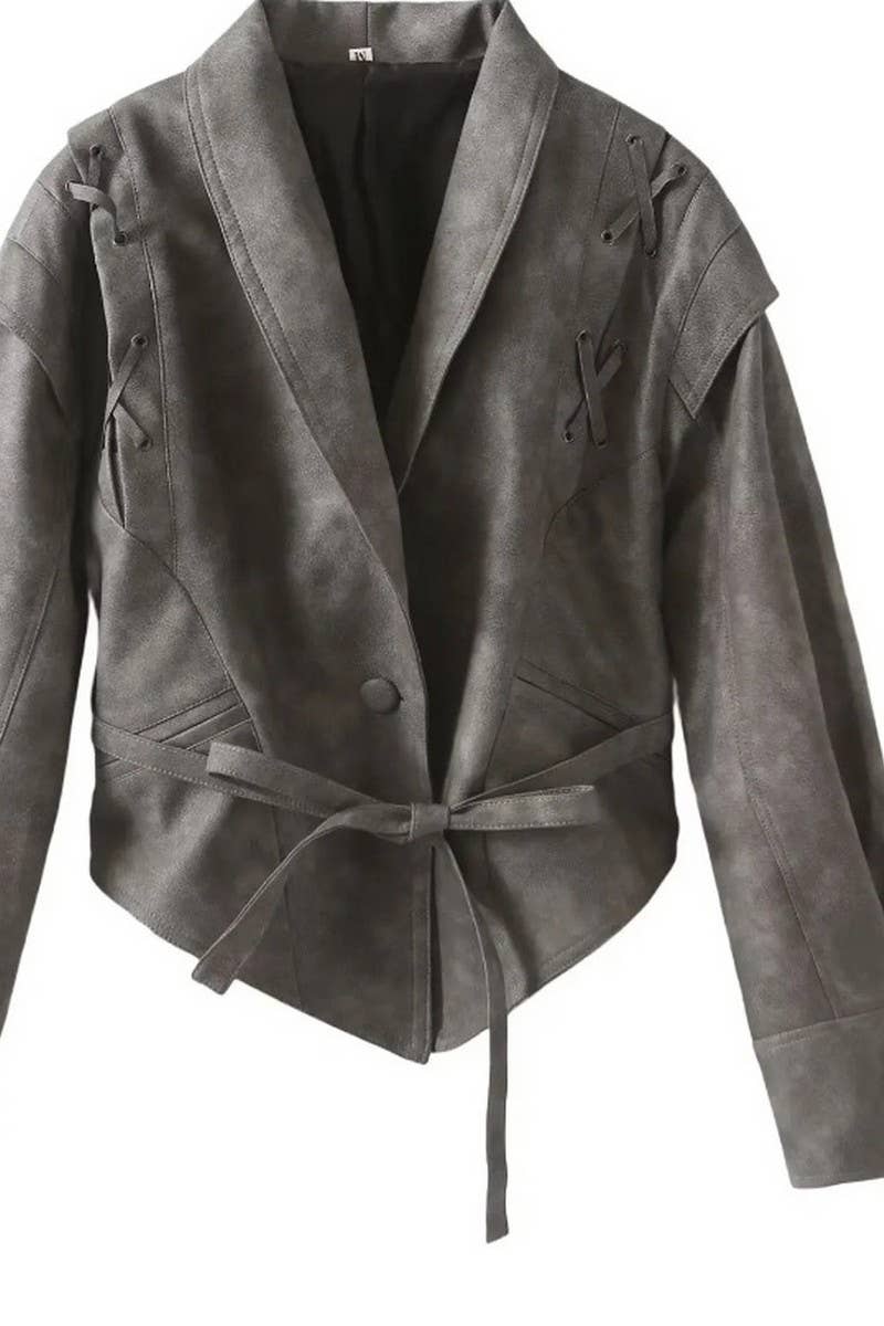 CWOCO1063_VINTAGE CASUAL LACE-UP FAUX LEATHER JACKET