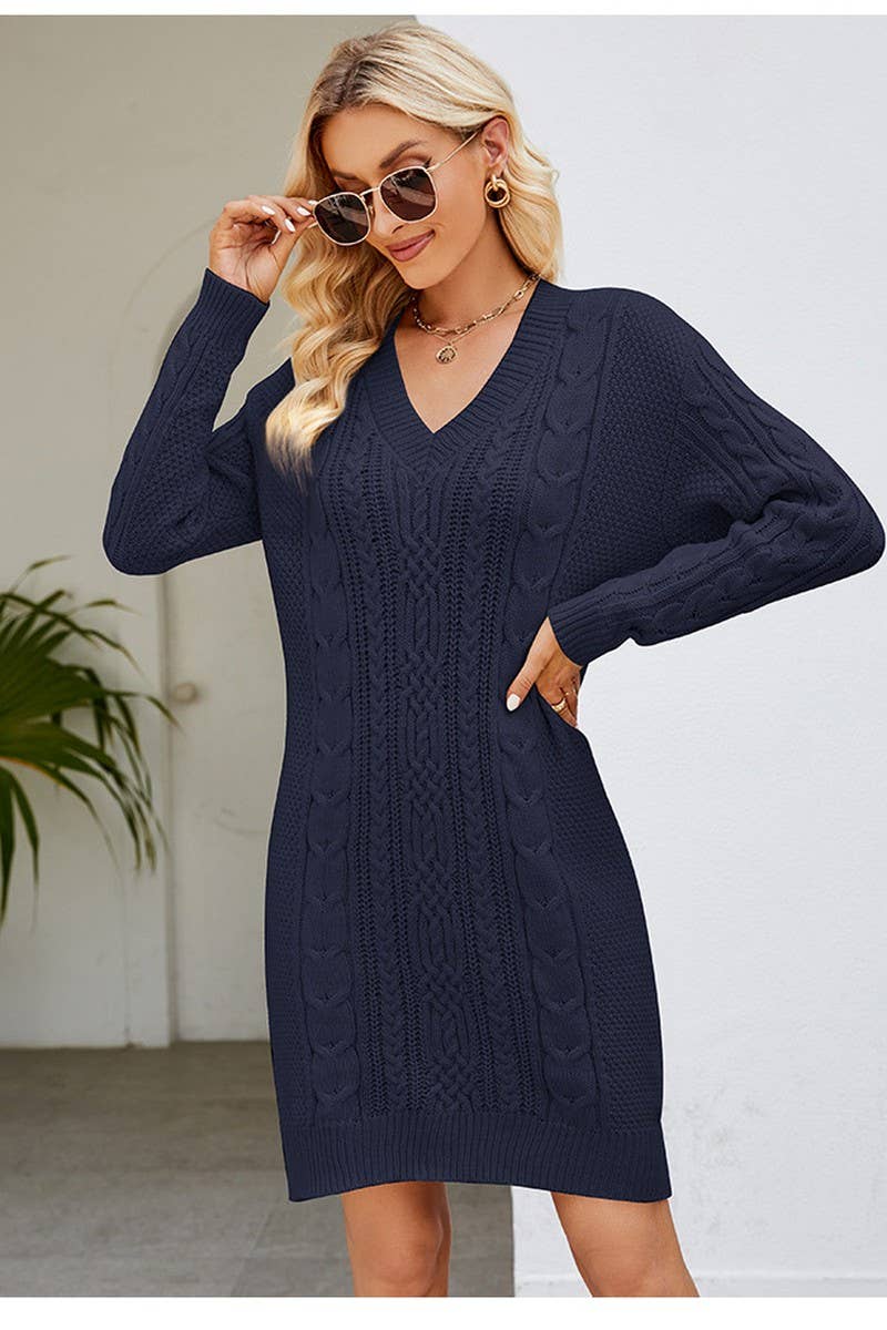 CWDSD5132_SOLID COLOR V-NECK CABLE KNIT LONG SWEATER DRESS