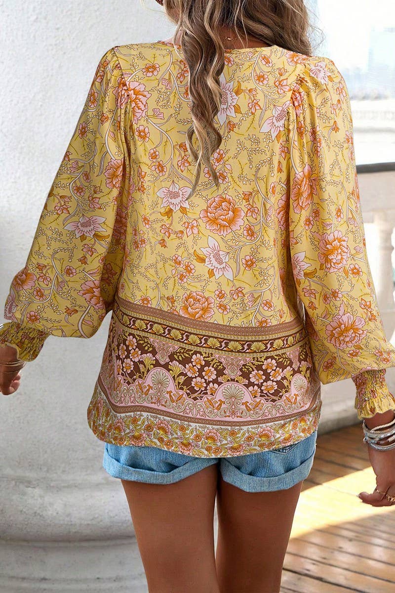 CWTBLL3942_BOHO V-NECK TIE FRONT PRINTED LONG SLEEVE BLOUSE