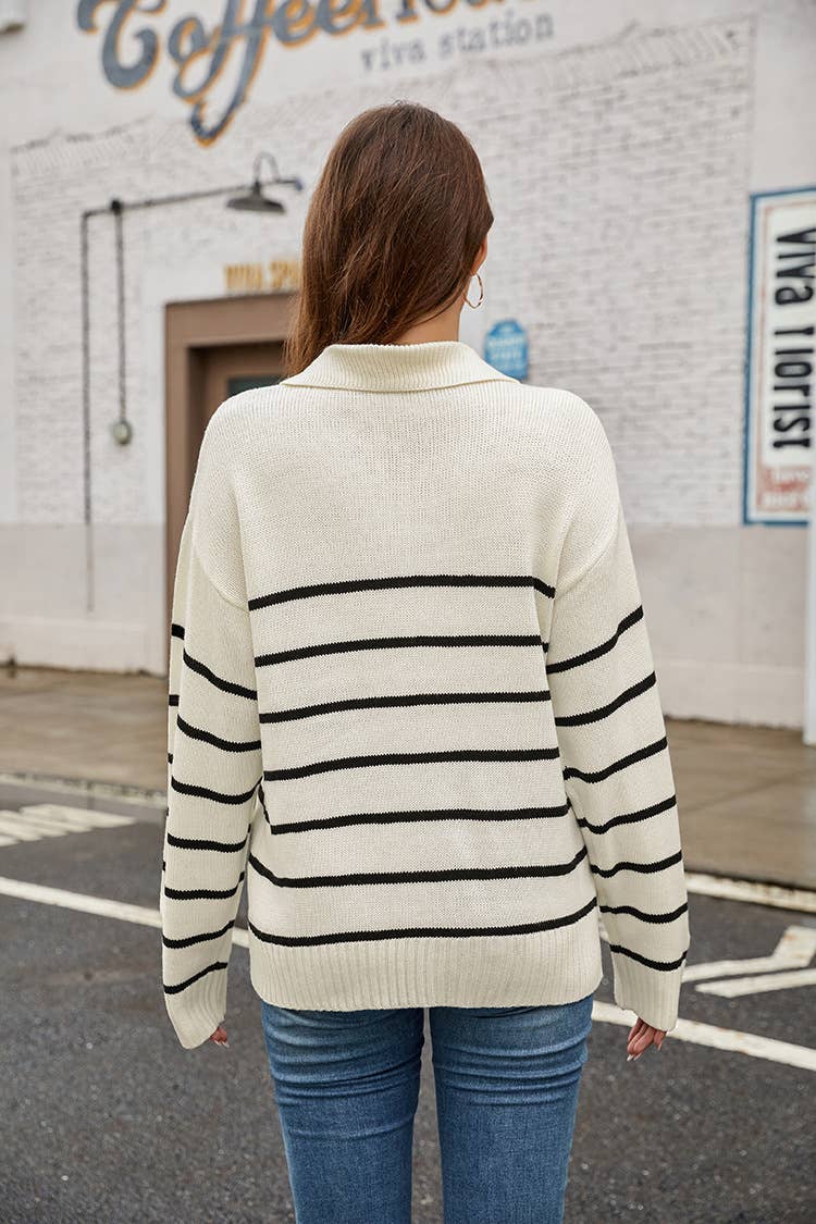 CASUAL POLO-NECK STRIPED PULLOVER