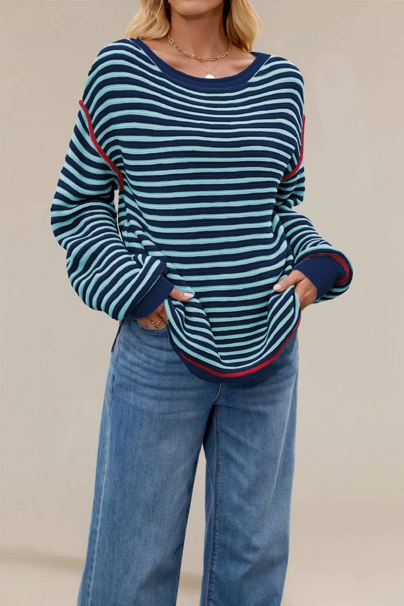 CWOSWL7017_STRIPED PULLOVER LOOSE LONG-SLEEVED KNITTED TOP