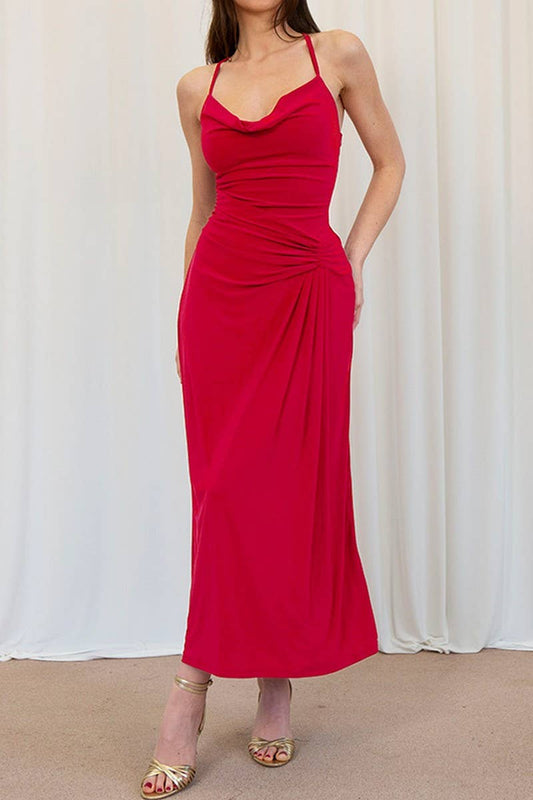CWDHL0792_SOLID COWL NECK TIE?BACK BODYCON EVENING GOWN