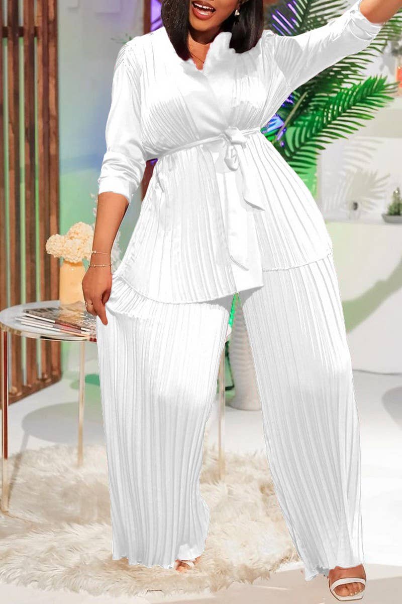 CWSTB0523_PLUS SIZE  LACE UP SHIRT  TROUSERS TWO-PIECE SET