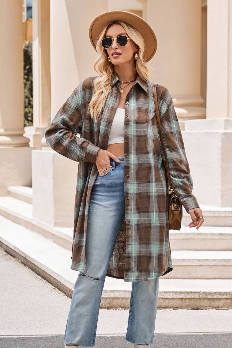 CWTSTL2182_AUTUMN WINTER PLAID LONG SLEEVE SHIRT LONG STYLE