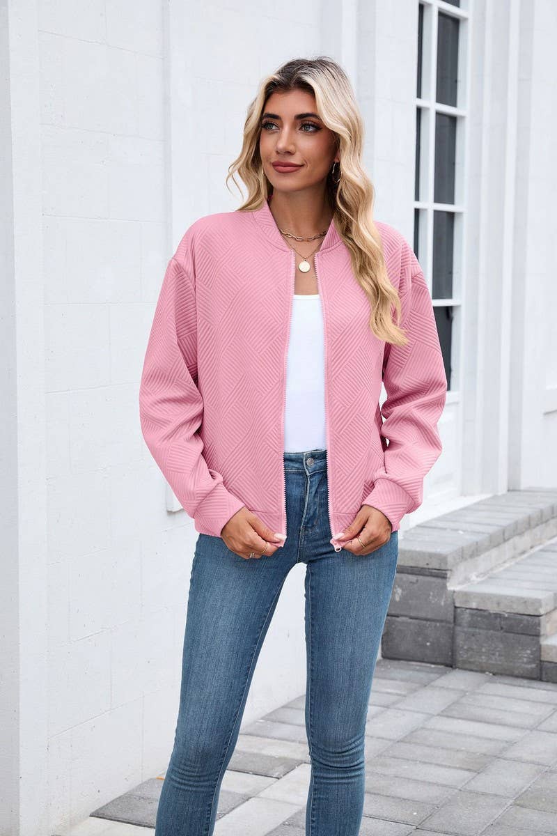 CWOCO00238_SOLID ZIP UP LONG SLEEVE CASUAL BOMBER JACKET