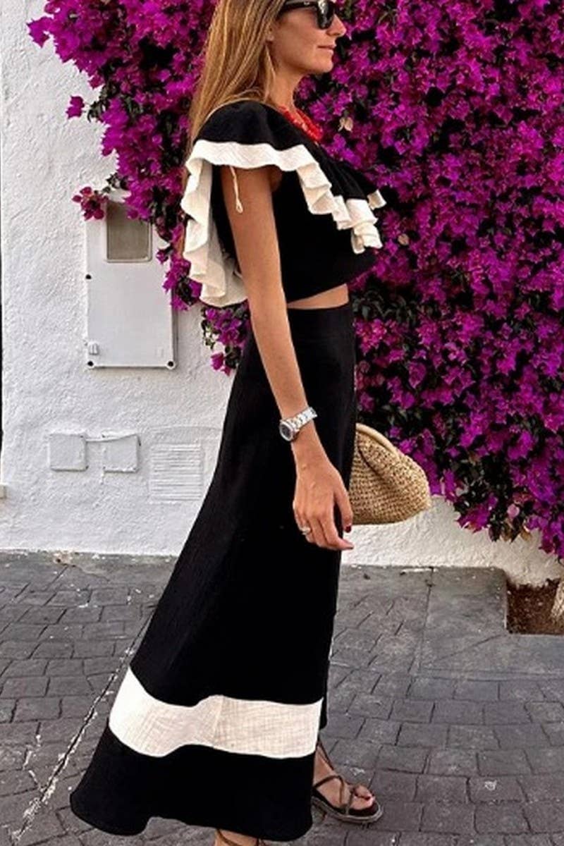CWSTB1390_V-NECK SHORT-SLEEVED RUFFLED LONG SKIRT SUIT