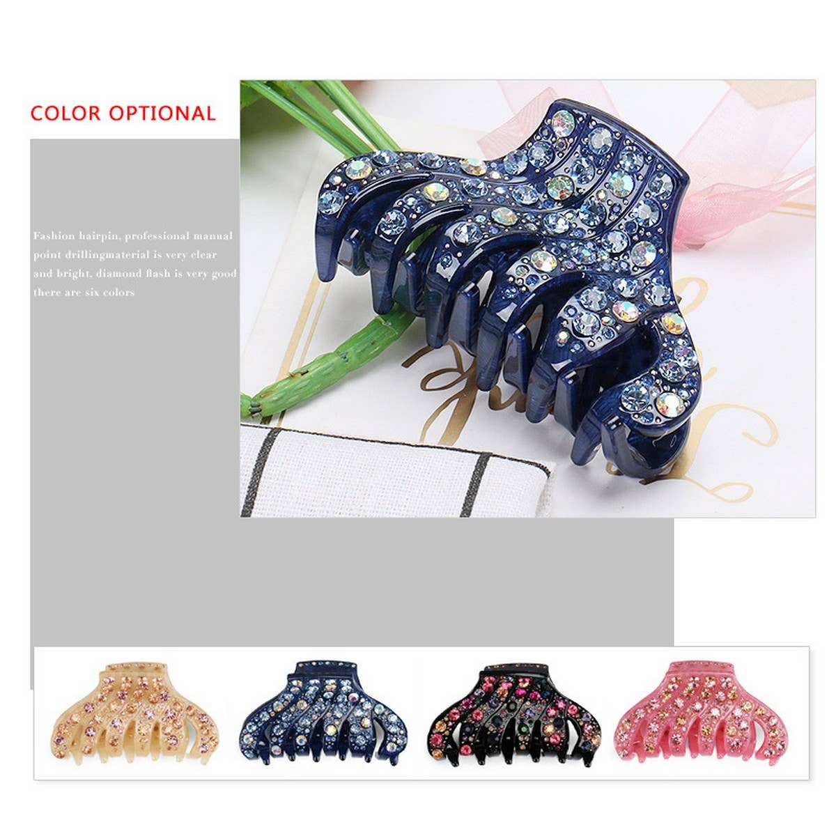 Rhinestone Acrylic Hair Claw, 6-Line Sparkle Clip
