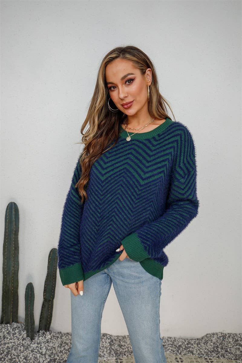 CWOSWL1707_V-neck Long Sleeve Striped Pullover Sweater