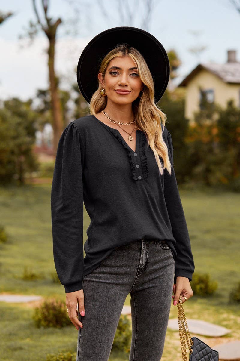 CWTBLL3682_SOLID COLOR V-NECK BUTTON RUFFLED LONG-SLEEVED TO