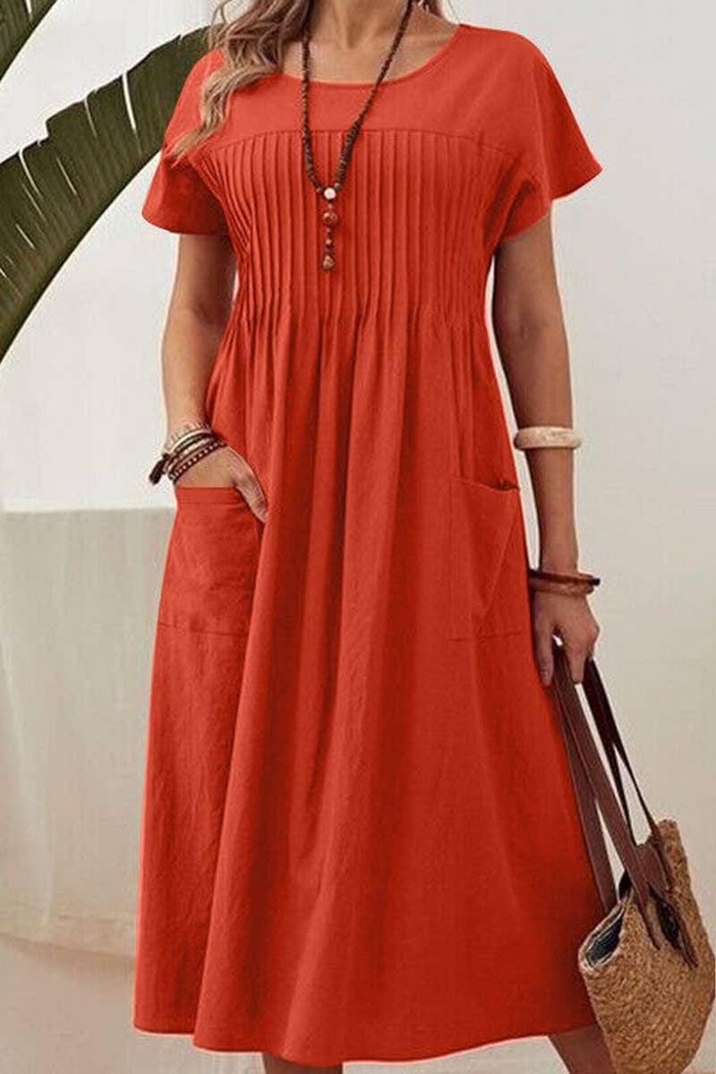 CWDMD3158_ROUND NECK POCKET PLEATED COTTON AND LINEN DRESS