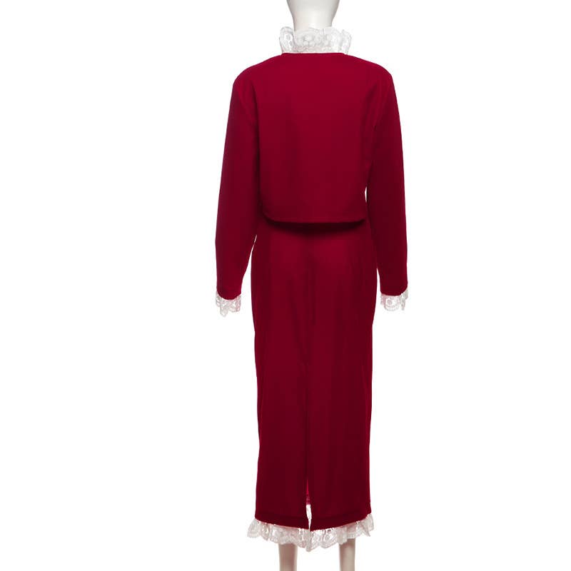 DEEP V LACE PATCHWORK CROP TOP SPLIT SKIRT SET