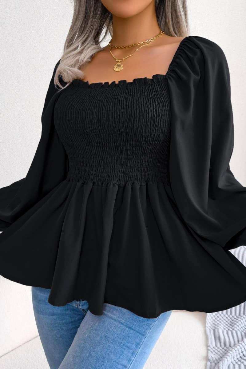 CWTBLL0957_SUMMER CHIFFON WOOD EAR LONG SLEEVE TOP