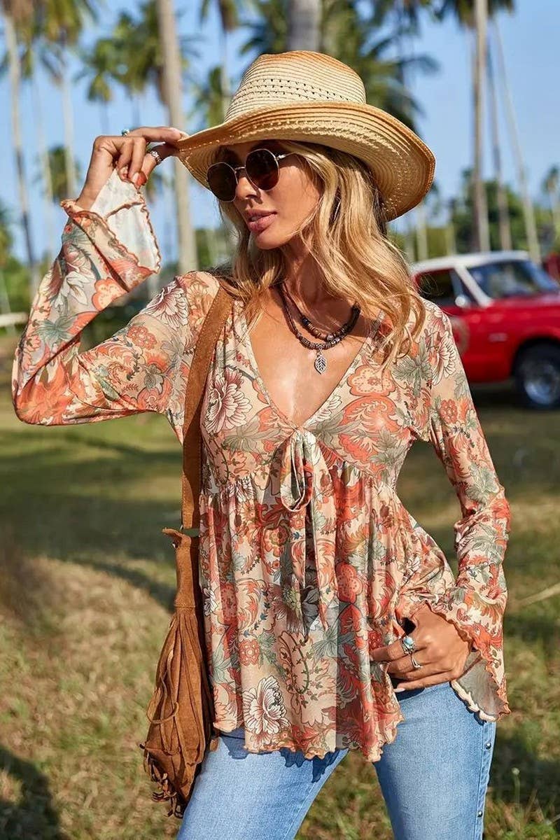 CWTBLL3893_V-NECK RETRO FLARED SLEEVE LOOSE SHIRT
