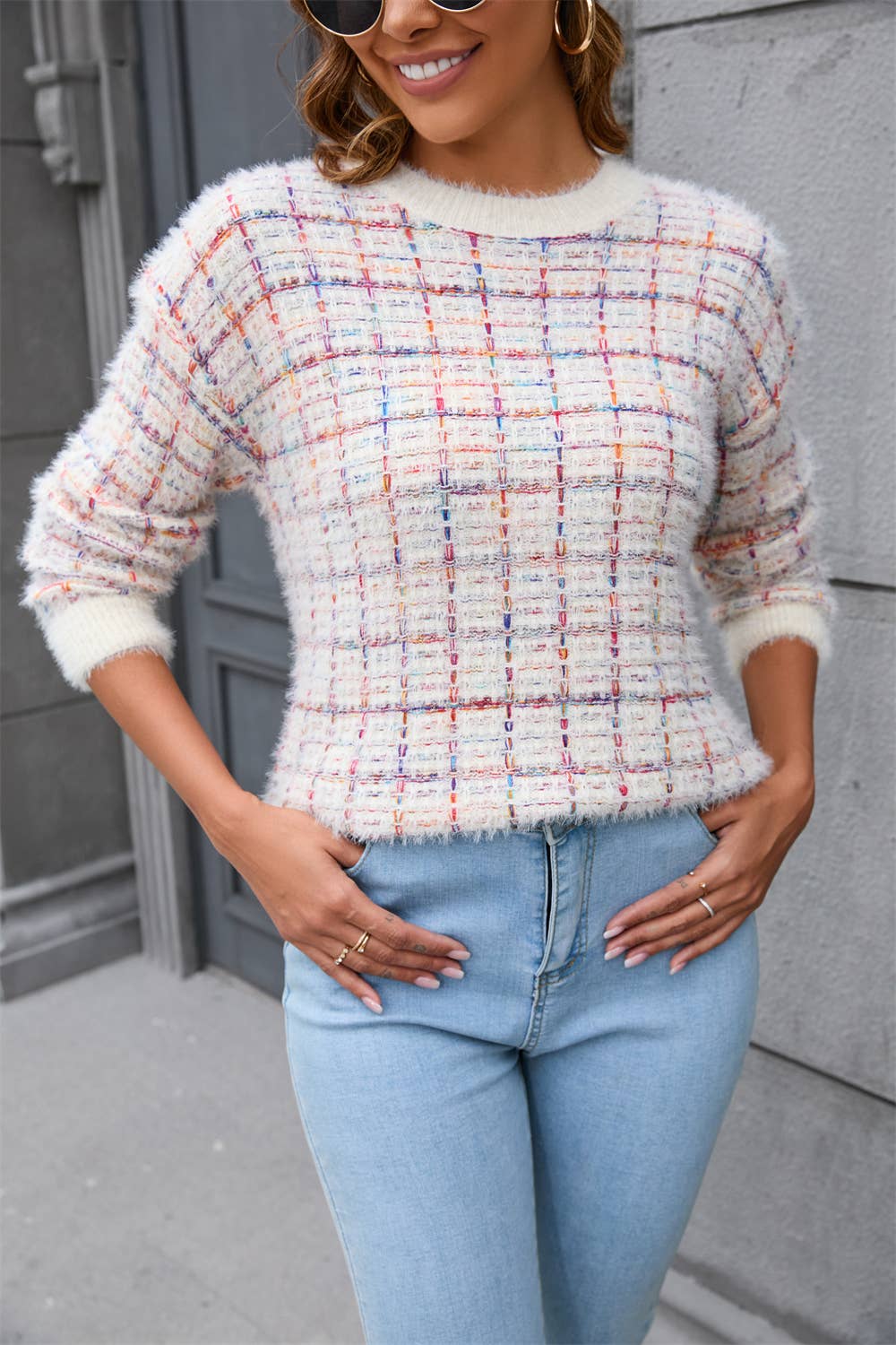 CREW-NECK KNIT FLUFFY PATCHWORK FASHION SWEATER
