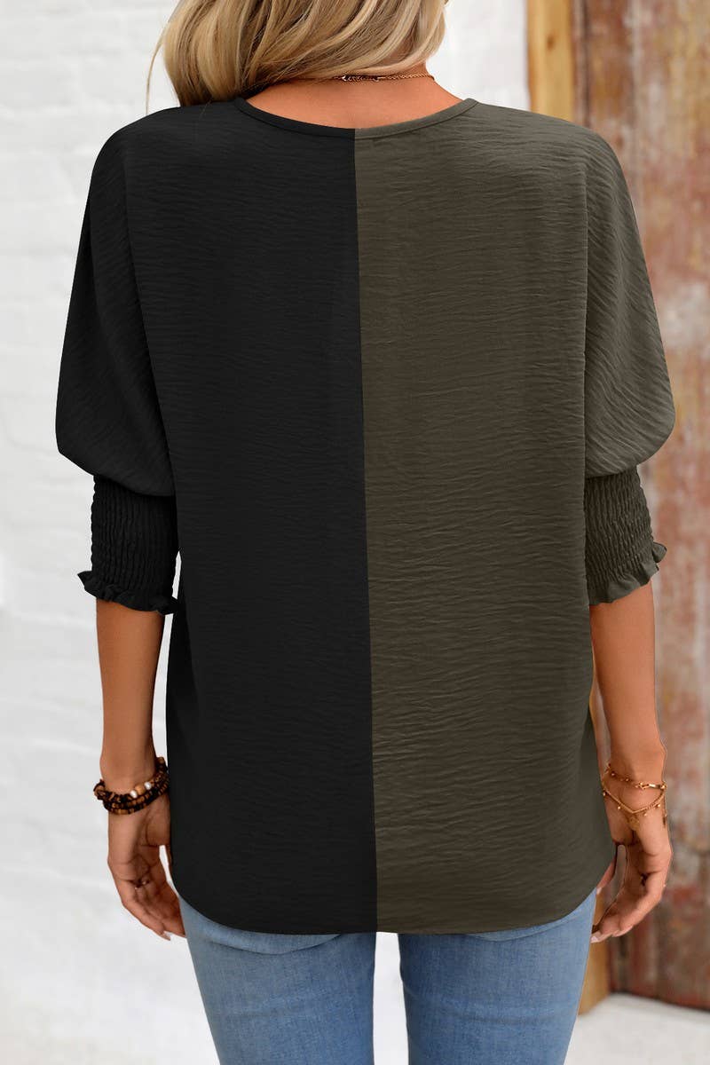 CWTBLS1501_COLORBLOCKED COLLAR LOOSE-FITTING BAT-SLEEVE TOP